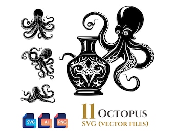 Paquete de 11 imágenes prediseñadas vectoriales de pulpo, fondo transparente, descarga digital instantánea, archivos SVG y PNG, uso comercial