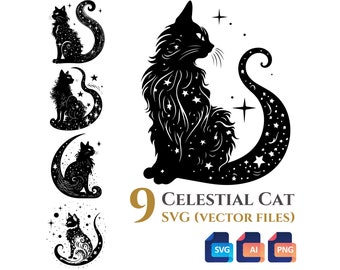 Paquete de 9 imágenes prediseñadas vectoriales de gatos celestiales, fondo transparente, descarga digital instantánea, archivos SVG y PNG, uso comercial