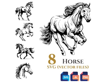 Paquete de 8 imágenes prediseñadas vectoriales de caballos, fondo transparente, descarga digital instantánea, archivos SVG y PNG, uso comercial