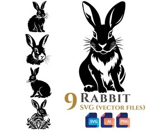 Paquete de 9 imágenes prediseñadas vectoriales de conejo, fondo transparente, descarga digital instantánea, archivos SVG y PNG, uso comercial