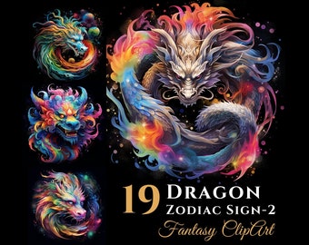 19 Dragon Zodiac Sign Clipart Bundle, 2024 Year Of Dragon Fantasy Chinese Horoscope Digital Graphics, For Commercial Use, Celestial