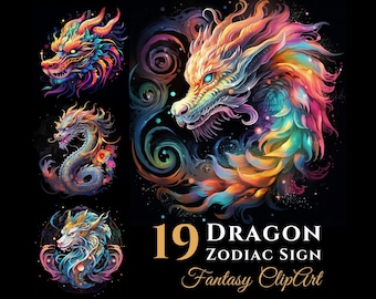 19 Dragon Zodiac Sign Clipart Bundle, 2024 Year Of Dragon Fantasy Chinese Horoscope Digital Graphics, For Commercial Use, Celestial