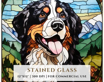 Bernese Mountain Dog Stained Glass Pattern, Sublimation Designs, Stained Glass PNG, Faux Stained Glass, Digital File, Commercial Use