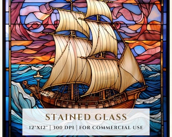 帆船のステンドグラス模様、海の波、昇華デザイン、ステンドグラスPNG、フェイクステンドグラス、デジタルファイル、商用利用