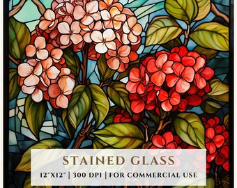 アジサイのステンドグラスの模様、昇華デザイン、ステンドグラス PNG、フェイクステンドグラス、デジタルファイル、商用利用