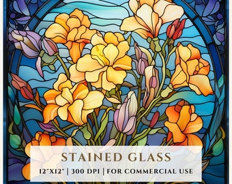 フリージアのステンドグラスのパターン、昇華デザイン、ステンドグラス PNG、フェイクステンドグラス、デジタルファイル、商用利用