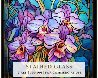 蘭の花のステンドグラス模様、昇華デザイン、ステンドグラスPNG、フェイクステンドグラス、デジタルファイル、商用利用