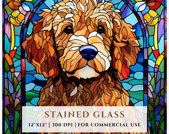 Patrón de vitral de perro Goldendoodle, diseños de sublimación, vitral PNG, vitral falso, archivo digital, uso comercial