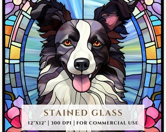 ボーダーコリー犬のステンドグラス模様、昇華デザイン、ステンドグラスPNG、フェイクステンドグラス、デジタルファイル、商用利用