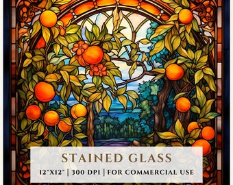 オレンジの木のステンドグラスのパターン、昇華デザイン、ステンドグラス PNG、フェイクステンドグラス、デジタルファイル、商用利用