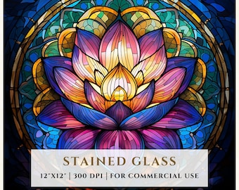 蓮の花のステンドグラスの模様、昇華デザイン、ステンドグラス PNG、フェイクステンドグラス、デジタルファイル、商用利用