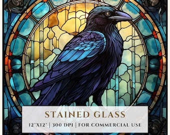 カラスの鳥のステンドグラス模様、昇華デザイン、ステンドグラスPNG、フェイクステンドグラス、デジタルファイル、商用利用