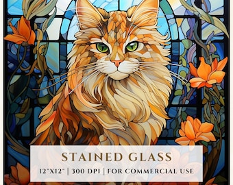 シベリア猫のステンドグラスの模様、かわいい子猫、昇華デザイン、フェイクステンドグラス、PNG デジタルファイル、商用利用