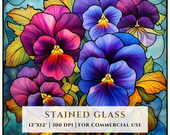 パンジーの花のステンドグラスのパターン、昇華デザイン、ステンドグラス PNG、フェイクステンドグラス、デジタルファイル、商用利用