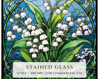 スズランのステンドグラス模様、昇華転写デザイン、ステンドグラスPNG、フェイクステンドグラス、デジタルファイル、商用利用
