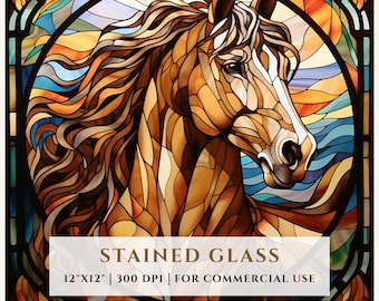馬のステンドグラス模様、昇華デザイン、ステンドグラスPNG、フェイクステンドグラス、デジタルファイル、商用利用