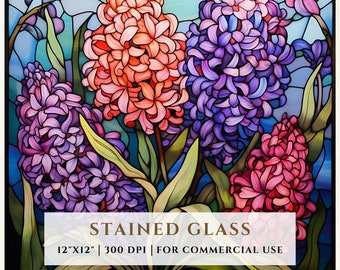 Hyacinth Flowers Stained Glass Pattern, Sublimation Designs, Stained Glass PNG, Faux Stained Glass, Digital File, Commercial Use