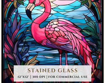 Flamingo Bird Stained Glass Pattern, Sublimation Designs, Stained Glass PNG, Faux Stained Glass, Digital File, Commercial Use
