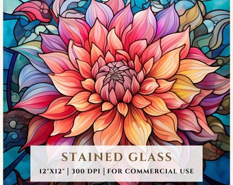 ダリアの花のステンドグラス模様、昇華デザイン、ステンドグラスPNG、フェイクステンドグラス、デジタルファイル、商用利用
