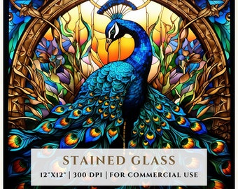 Peacock Stained Glass Pattern, Sublimation Designs, Stained Glass PNG, Faux Stained Glass, Digital File, Commercial Use