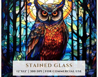 フクロウのステンドグラスのパターン、昇華デザイン、ステンドグラス PNG、フェイクステンドグラス、デジタルファイル、商用利用