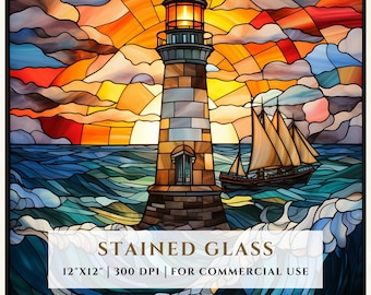 Patrón de vitral de faro, olas del océano, diseños de sublimación, vitral PNG, vitral falso, archivo digital, uso comercial