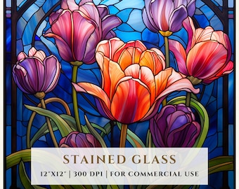 チューリップの花のステンドグラスのパターン、昇華デザイン、ステンドグラス PNG、フェイクステンドグラス、デジタルファイル、商用利用