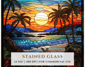 Patrón de vitral con motivos hawaianos, diseños de sublimación, vitral PNG, vitral falso, archivo digital, uso comercial