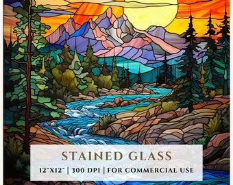Mountain Creek Stained Glass Pattern, Sublimation Designs, Stained Glass PNG, Faux Stained Glass, Digital File, Commercial Use