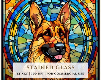 ジャーマン シェパード ドッグのステンド グラス パターン、昇華デザイン、ステンド グラス PNG、フェイク ステンド グラス、デジタル ファイル、商用利用