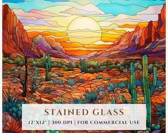 砂漠の風景を描いたステンドグラスの模様、昇華転写デザイン、ステンドグラスPNG、フェイクステンドグラス、デジタルファイル、商用利用