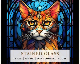猫のステンドグラスの模様、昇華デザイン、ステンドグラス PNG、フェイクステンドグラス、デジタルファイル、商用利用
