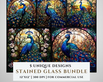 5 孔雀のステンドグラス パターン バンドル、昇華デザイン、ステンドグラス PNG、フェイク ステンドグラス、デジタル ファイル、商用利用