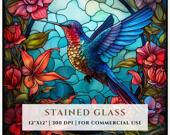 Hummingbird Stained Glass Floral Pattern, Sublimation Designs, Stained Glass PNG, Faux Stained Glass, Digital File, Commercial Use