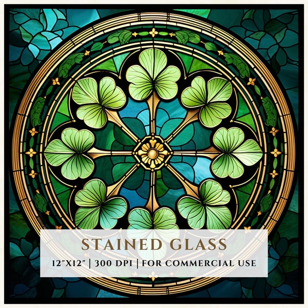 Shamrock Stained Glass Pattern, St. Patrick's Day Motifs, Sublimation Designs, Faux Stained Glass, PNG Digital File, Commercial Use
