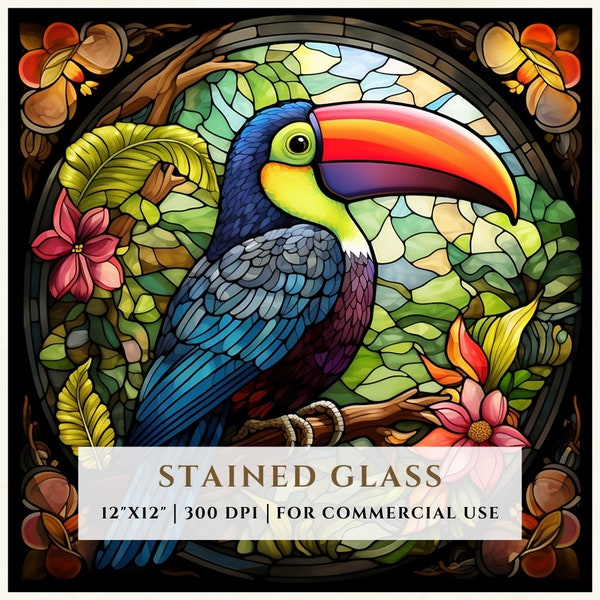 Keel-Billed Toucan Bird Stained Glass Pattern, Sublimation Designs, Stained Glass PNG, Faux Stained Glass, Digital File, Commercial Use