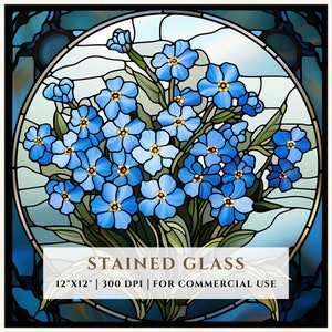 Motif de vitrail fleurs myosotis, motifs en sublimation, vitrail PNG, faux vitrail, fichier numérique, usage Commercial