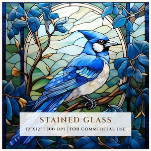 Blue Jay Bird gebrandschilderd glaspatroon, sublimatieontwerpen, gebrandschilderd glas PNG, namaak-gebrandschilderd glas, digitaal bestand, commercieel gebruik