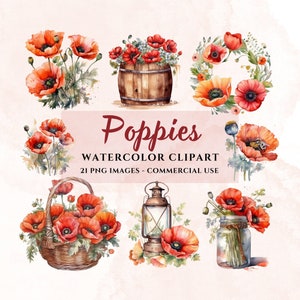 21 Poppy Flowers Watercolor Clipart, Transparent PNG, Zestaw Bukietów Kwiatowych, Wysoka Rozdzielczość, Natychmiastowe Pobieranie, Użytek Komercyjny