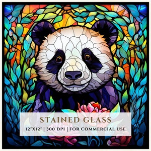 Gebrandschilderd glaspatroon panda, sublimatieontwerpen, glas-in-lood, PNG, gekleurd glas, digitaal bestand, commercieel gebruik