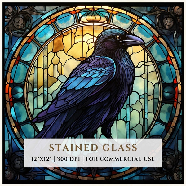 Raven Bird Stained Glass Pattern, Sublimation Designs, Stained Glass PNG, Faux Stained Glass, Digital File, Commercial Use