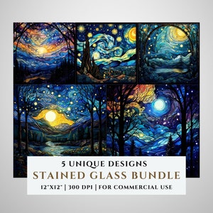 Pacote de 5 padrões de vitrais Starry Night, designs de sublimação, vitrais PNG, vitrais falsos, arquivo digital, uso comercial