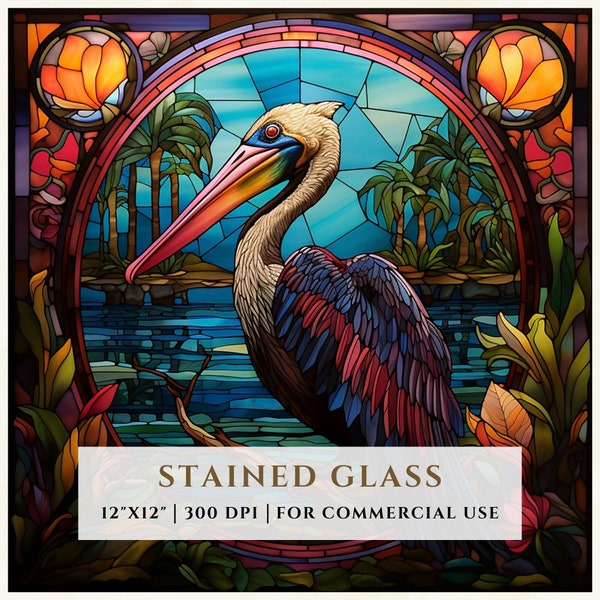 Pelican Bird Stained Glass Pattern, Sublimation Designs, Stained Glass PNG, Faux Stained Glass, Digital File, Commercial Use