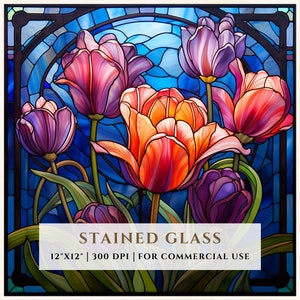 Tulpen Blumen-Buntglasmuster, Sublimations-Designs, Glasmalerei PNG, Glasmalerei, digitale Datei, kommerzielle Nutzung