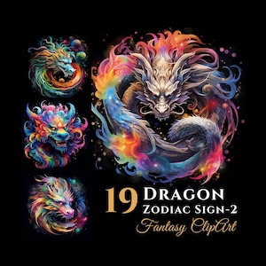 19 Drache Sternzeichen Clipart Bundle, 2024 Jahr Der Drachen Fantasie Chinesisches Horoskop Digitale Grafiken für kommerzielle Nutzung, Celestial