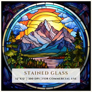 May include: A stained glass window design featuring a mountain range with a lake in the foreground, a sunset sky with clouds, and trees on either side. The design is in a circular frame and has a text overlay that reads "STAINED GLASS 12"x12" | 300 DPI | FOR COMMERCIAL USE".
