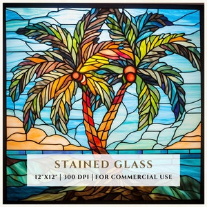 Patrón de vitral de palmera, diseños de sublimación, vitral PNG, vitral falso, archivo digital, uso comercial