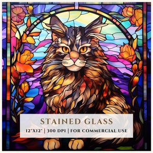 Motif de vitrail chat Maine Coon, chaton mignon, motifs en sublimation, faux vitrail, fichier numérique PNG, usage commercial