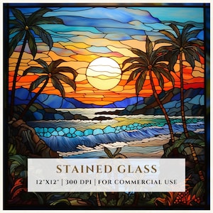 Puede incluir: Un diseño de vitral que presenta una puesta de sol sobre un océano tropical con palmeras y olas. El diseño mide 12 pulgadas por 12 pulgadas y tiene una resolución de 300 DPI. Es para uso comercial.