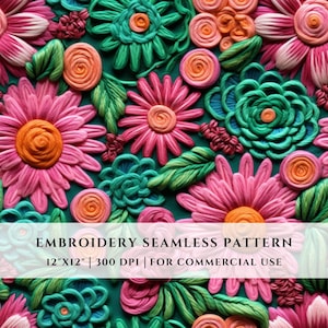 刺繍花柄シームレスファイル、鮮やかな色彩、カラフルな野の花、デジタルファイル、商用利用